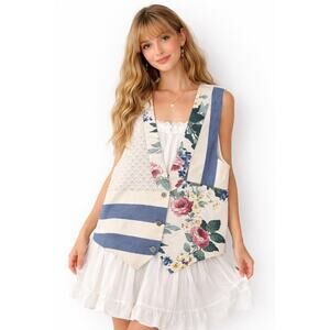 Vintage 80s 90s Cottage Granny Mixed Media Crochet Floral Vest Large Oversized